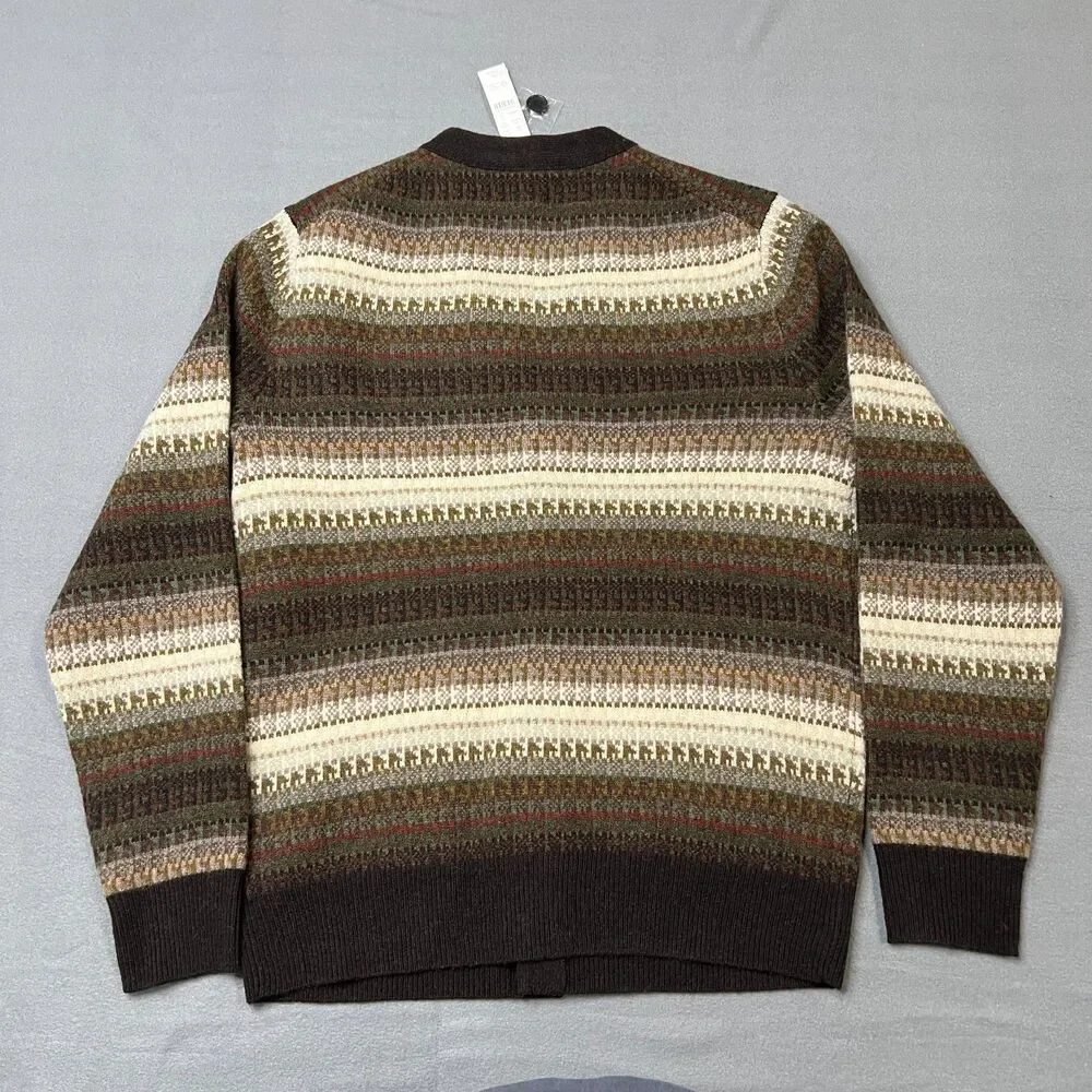 J.Crew Cardigan Sweater Men Medium Brown Ivory Fair Isle Wool Blend Button Front